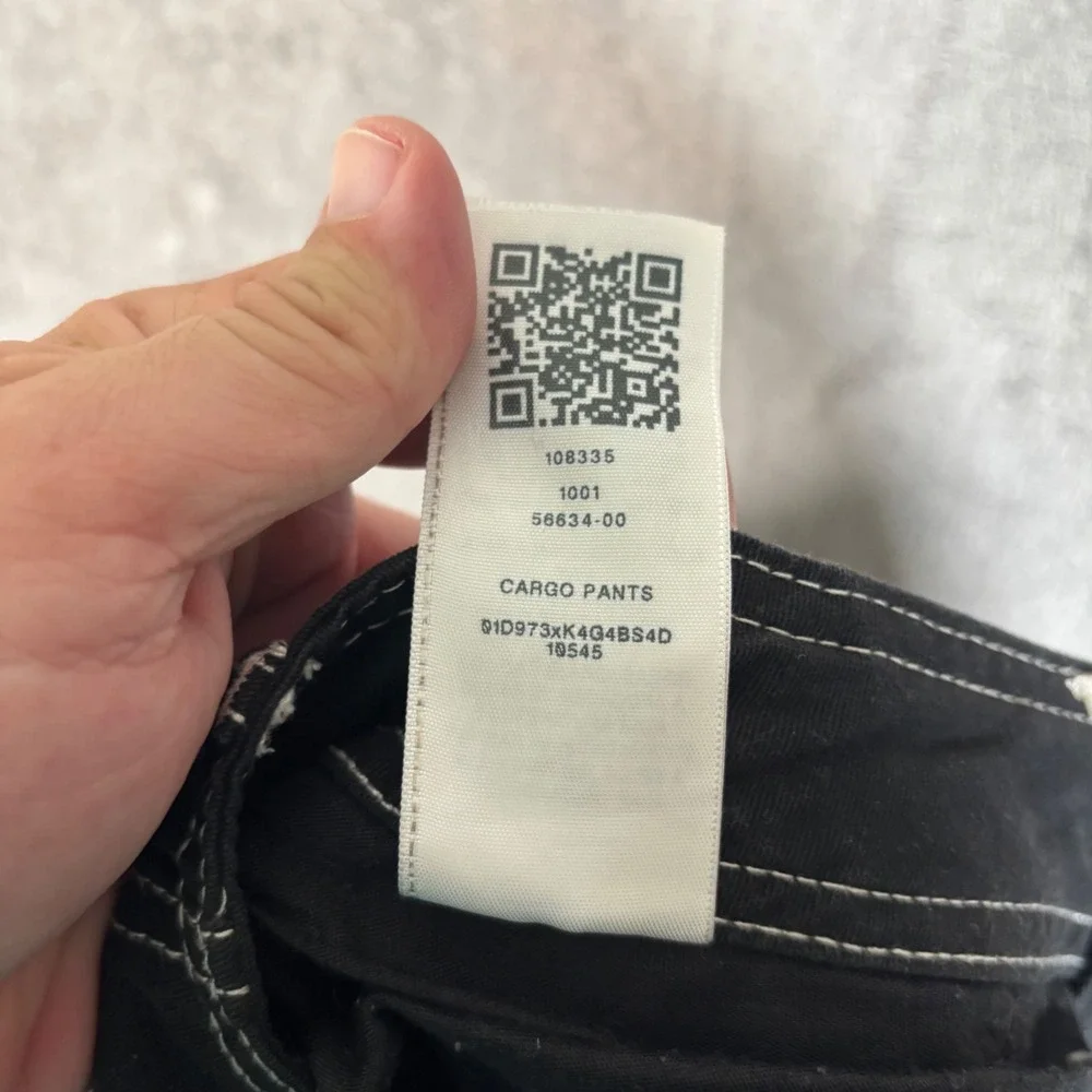 True Religion Mens Black White Contrast Stitch Cargo Pants 36x31 Rave Goth Y2K